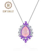 GEMS BALLET 925 Sterling Silver Gemstone Necklace Nautral Rose Quartz Luxury Bridal Statement Necklace Pendant Gift for Her