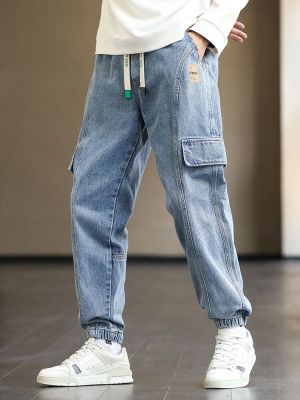 HOT11★Plus ขนาดชาย Cargo Jogger กางเกงยีนส์ Hip Hop Streetwear ปลอมกระเป๋ายืดผ้าฝ้ายลำลองกางเกงยีนส์ Baggy กางเกง Jean 8XL
