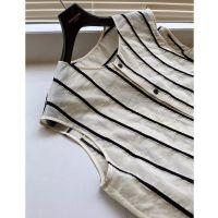 Spot parcel post Korean Style Vertical Striped Sleeveless Mid-Length Vest Shirt Womens Summer R Loose Slimming Casual Niche round Neck Top