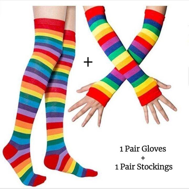 1Set Women Over Knee Socks Rainbow Colorful Cotton Striped High Thigh