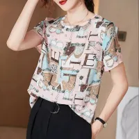 ฤดูร้อนผ้าไหมใหม่ผู้หญิงแฟชั่นแขนสั้นเสื้อยืดพิมพ์ลายแฟชั่นฉบับภาษาเกาหลีอารมณ์เสื้อ TT