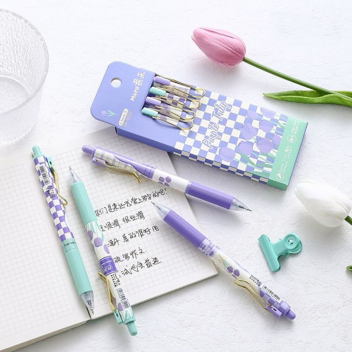 4pcs-purple-tulip-gel-pen-set-flower-design-super-tiny-0-5mm-ballpoint-black-color-ink-for-writing-office-school-f7322-pens