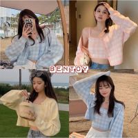 Bentoy(7865)set เสื้อสายเดี่ยวไหมพรม+เสื้อคลุมแขนยาว ดีเทลลายสก็อต สีพาสเทลน่ารัก