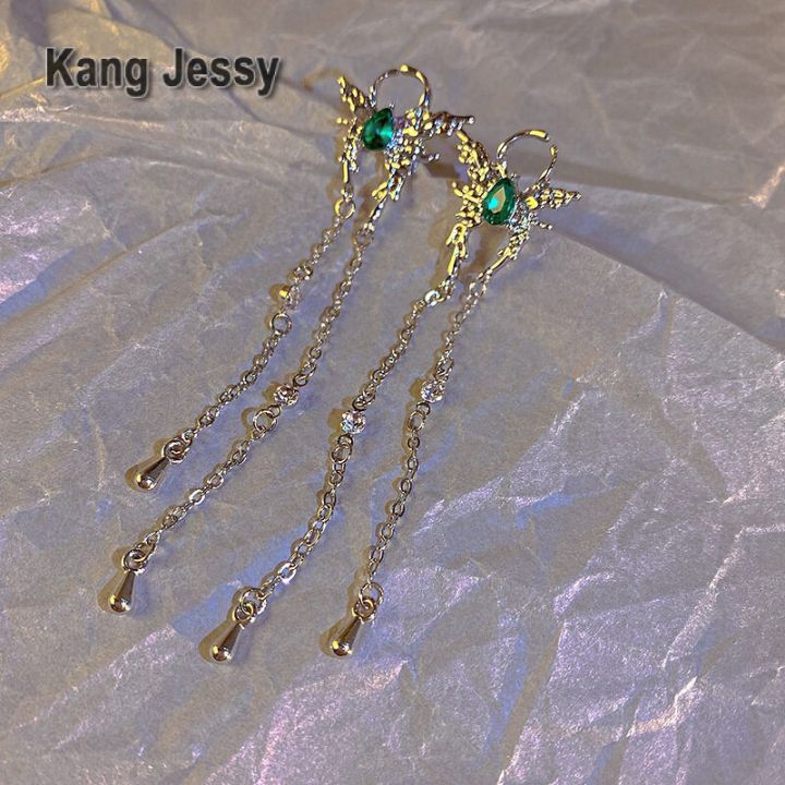kang-jessy-ต่างหูรูปผีเสื้อหน้ากลมแบบยาวสำหรับผู้หญิงต่างหูสไตล์เย็นคุณภาพสูงดีไซน์เฉพาะกลุ่มเครื่องประดับต่างหูพู่หรูหราเบาๆ