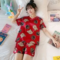 ▪◆✸ Ice silk pajamas womens summer thin section short-sleeved Korean version cute student home service simulation silk sexy two-piece summer suit