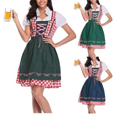 Oktoberfest ชุดเดรสเครื่องแบบคอต่ำแขนสั้นสำหรับผู้หญิง