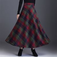 FairyShely  Korean High Waist Pleated Maxi Skirt Women Vintage Pocket Woolen Plus Size Skirt female Tweed Plaid Long skirt