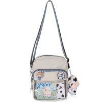 066F Harajuku Cow Pattern Canvas Bag Women Shoulder Messenger Girls Transprant Crossbody Bags with Cute Pendant