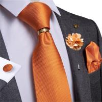 Designer Mens Necktie Orange Solid Tie Handkerchief Cufflinks Gift Set Men Wedding Party Accessories Gravata Brooch Pin DiBanGu Nails Screws Fasteners