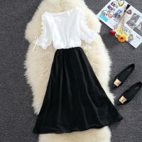 COD ✇◆ imoq55 store Short-sleeved chiffon dress female sweet college wind beam waist slim skirt