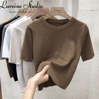 LAREINE เสื้อยืดสีทึบแขนสั้นผู้หญิง,Atasan Bahan Rajut สั้นพอดีตัวฤดูร้อน