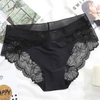 Seamless mid-waist ice silk underwear cotton crotch lace breathable briefs