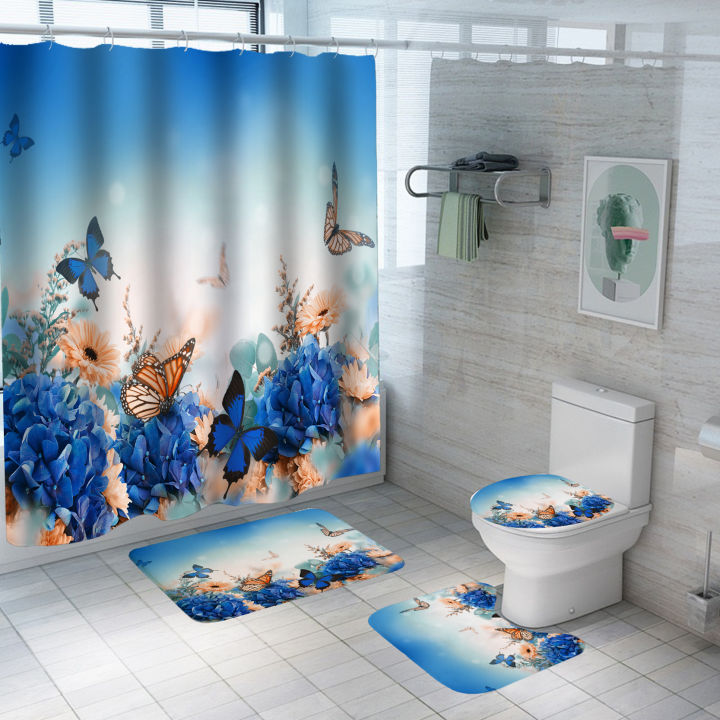 pink-blue-rose-butterfly-shower-curtain-set-bathroom-bathing-screen-anti-slip-toilet-lid-cover-car-rugs-kitchen-home-decor
