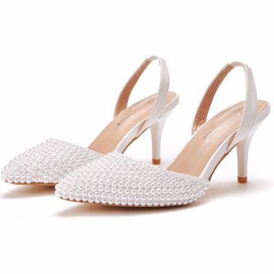 7 cm shallow pointed mouth sandals white pearl wedding shoe heel sandals big yards of the bride wedding shoot pearl shoes