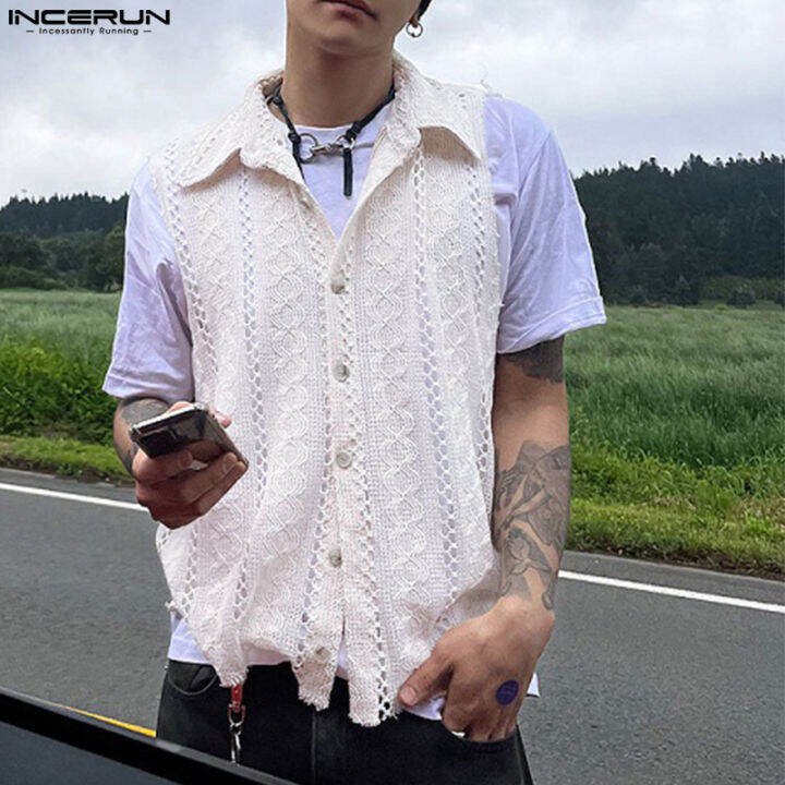 incerun-เสื้อแขนกุดกลวงออกลายดอกไม้สำหรับผู้ชาย-เสื้อเสื้อลูกไม้วินเทจปกอเนกประสงค์-สไตล์เกาหลี