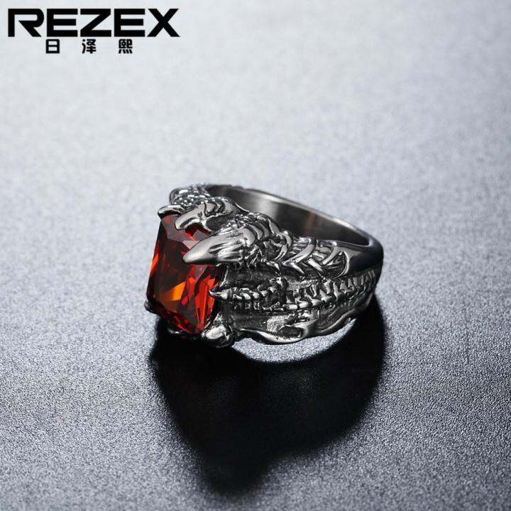 rezex-เครื่องประดับแฟชั่นส่วนบุคคลย้อนยุคทับทิมกรงเล็บมังกรแหวนเหล็กไทเทเนียม