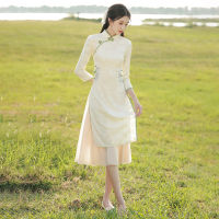 ปรับปรุง Cheongsam 2022แขนยาว Aodai หนุ่มอารมณ์ระดับไฮเอนด์ชาเสื้อผ้าชาศิลปินเสื้อผ้าผู้หญิง