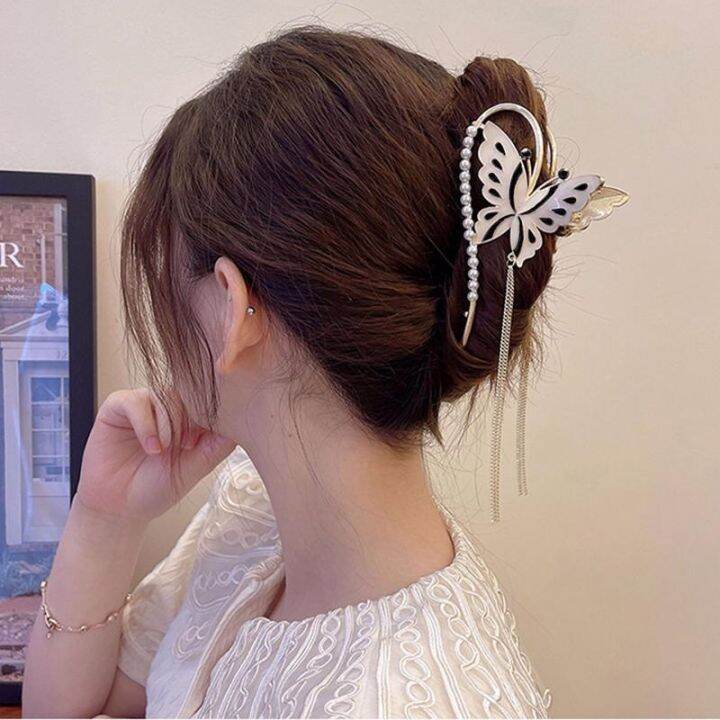 new-pearl-hair-clip-butterfly-grab-clip-large-elegant-ladies-tassel-metal-hair-clip