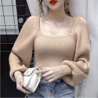 Women Sweater Jumper Girls Soft Square Collar Full Puff Sleeve Sweaters Pullovers Top Female Knitted Thick Tops