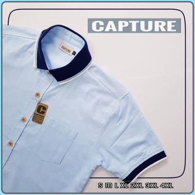 Capture Shirt เสื้อเชิ้ตผู้ชาย โปโลเชิ้ตแขนสั้น สีฟ้า มีถึงอก 48 นิ้ว