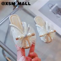 XSM MALL หวานชีฟองโบว์สาวไข่มุกรองเท้าแตะ Rhinestones แฟชั่นสไลด์ป้องกันลื่นนุ่มรองเท้า3-16ปีเด็กรองเท้า T22N05CC-86