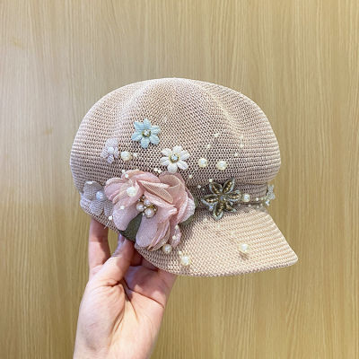 2022-Pearl ดอกไม้ระบายอากาศเลดี้ที่เดินทางมาพักผ่อนแปดเหลี่ยมหมวกผู้หญิง Visors หมวก