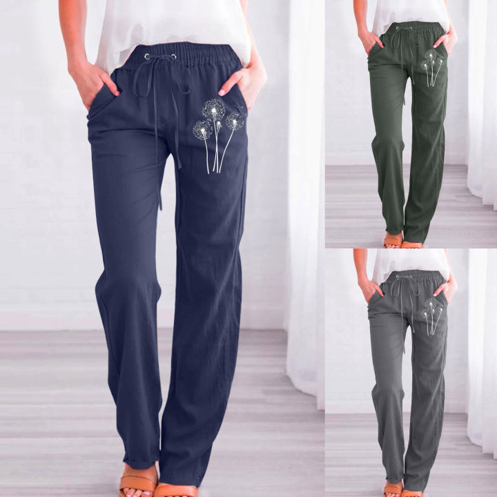 Women Solid Drawstring Straight Leg Casual Loose Pants Trousers Summer