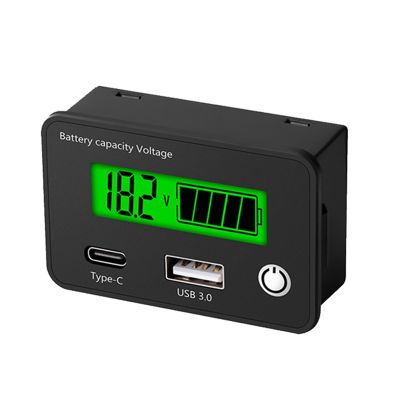 Lead Acid Lithium Battery Capacity Indicator Car Digital Voltmeter Voltage Tester DC8-30V USB Type-C ,Green Screen