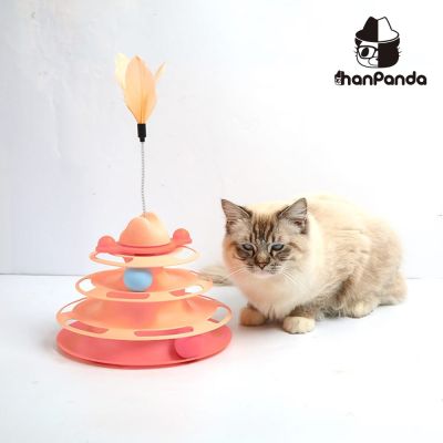 Hanpanda หอคอยสี่ชั้นสำหรับแมว,ที่ถอดออกได้ของเล่นเทิร์นเทเบิล ° หอคอยอวกาศแท่งแมวน่ารักชุดอุปกรณ์เกมกระดาน