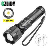 Tactical Flashlight 4 Core P70 LED Waterproof Torch Zoomable Powerful Lantern Super Bright USB Rechargeable 18650 Outdoor Light