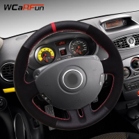 WCaRFun Black Leather Suede Red Marker Car Steering Wheel Cover for Renault Clio 3 2005-2013 Clio dynamics 2008 clio mk 3 2010