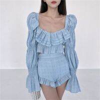 Gagaok Chiffon Two Piece Set Women  Summer New High Street Fashion y French Outfits Navel Blouses Solid Wild Shorts