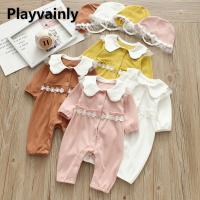 20212022 New Spring Baby Girls Romper Lace Peter Pan Collar Long Sleeves Soft Jumpsuit with Cute Cap Infant Cotton Outfits E1041