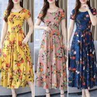 Women O-Neck Short Sleeve Waist Tight Pleated Large Hem Dress Elegant Floral Printed Dress Female Vestidos De Verano Mujer 2022