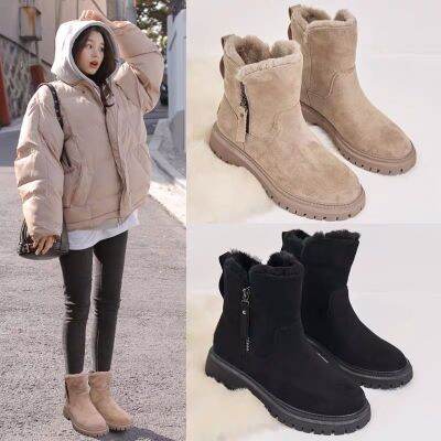 รองเท้าหิมะฤดูหนาว 2023 ผู้หญิงเทรนด์ใหม่ Mid-Tube Plus Velvet Thickened Warm Cotton Shoes Fur Integrated Leisure Fashion Females☊