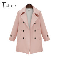 Trytree Autumn Winter Casual Womens Jacket Turn-down Collar Double Breasted Pockets Loose Solid 3 Colour Office Lady Coat