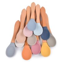 Solid Color Baby Wooden Handle Spoon Silicone Baby Infant Training Food Supplement Spoon Feeding Tableware Baby Food Accessories Bowl Fork Spoon Sets