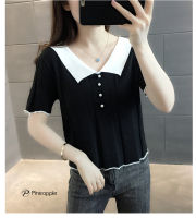 เสื้อไหมพรมแขนสั้น เสื้อยืดผ้าถัก เสื้อแฟชั่นหญิง Short sleeve contrast polo collar T-shirt F830