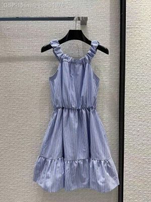 ☍│ 15smilevonla1976 Vestido Plissado Com Listra Vertical Feminina Laço Elstico Envolto Na Cintura Azul Branco Novo Verão 2023
