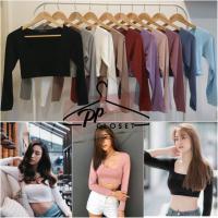 ?BigSale! PP♡CLOSETพร้อมส่ง 11สี ‼เสื้อครอปแขนยาวคอเหลี่ยม เอวลอย ผ้าหนา2ชั้นทั้งตัว แพทเทิลกระชับตัว  (เนื้อผ้าเรยอน) สุดคุ้ม