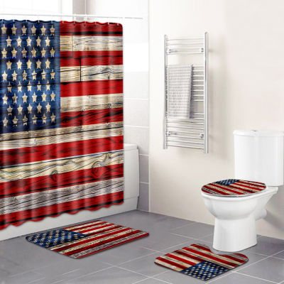 4PcsSet Shower Bath Mat Curtain Carpet Cover Foot Pad Toilet Cover Bath Mat Pad Set Bathroom Curtain with 12 Hooks Home