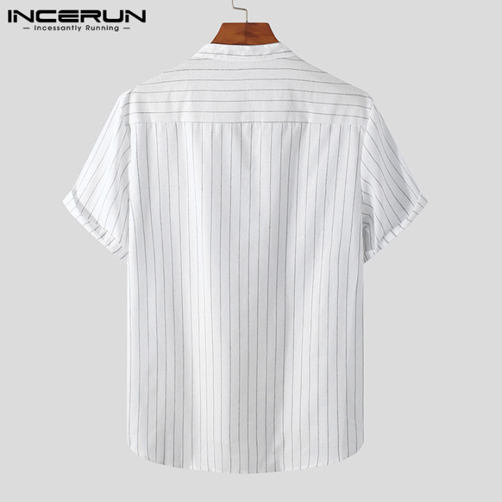 incerun-เสื้อยืดแขนสั้นลายทางสำหรับผู้ชายเสื้อยืดคาร์โก้ใส่ทำงานแบบลำลองหลวมๆ-ผ้าฝ้ายลินิน-3