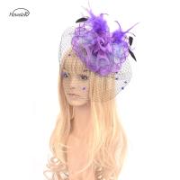 ผู้หญิง Fascinator หมวก Veil Feather ดอกไม้สีม่วงค็อกเทลคลิปผมสุภาพสตรี Headwear อุปกรณ์เสริมงานแต่งงาน Hairpins