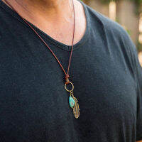 สร้อยคอผู้ชาย Turquoise ทองเหลืองโบราณ Feather สร้อยคอหนัง Unisex Boho สร้อยคอหนังโบฮีเมียนสร้อยคอยาว