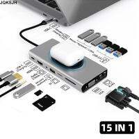 JQKSJH 15 in 1 เครื่องอ่านการ์ด ตัวแยกสัญญาณ แท่นวางอุปกรณ์ 4K HDMI VGA การชาร์จแบบไร้สาย ฮับ USB Type-C