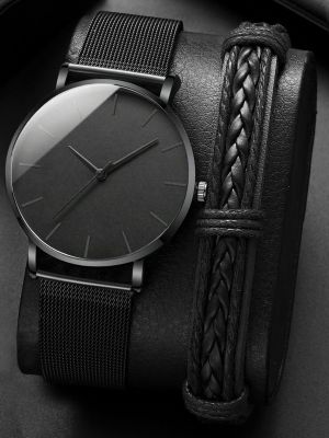นาฬิกา + สร้อยข้อมือแฟชั่นของผู้ชายเรียบง่ายนาฬิกาบางพิเศษนักธุรกิจผู้ชายตาข่ายนาฬิกาลายคู่รักนาฬิกาข้อมือชาย