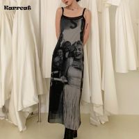 Karrcat Vintage Marilyn Monroe พิมพ์ชุดผู้หญิงตาข่ายสีดำชุดเดรสแขนกุด Elegant สายคล้องคอ Gothic Vestidos