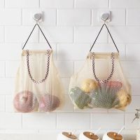 Beige Mesh Net Reusable Hanging Storage Bags Fruit Vegetable Garlic Onion Organizer Home Hollow Mesh Bag Kitchen Accessories