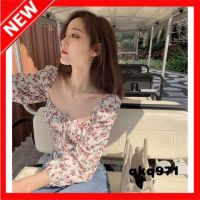 qkq971 New Style 2021 Puff Sleeve Slim-Fit Pleated Exposed Clavicle Short French Small Shirt Floral Square Neck Blouse Women