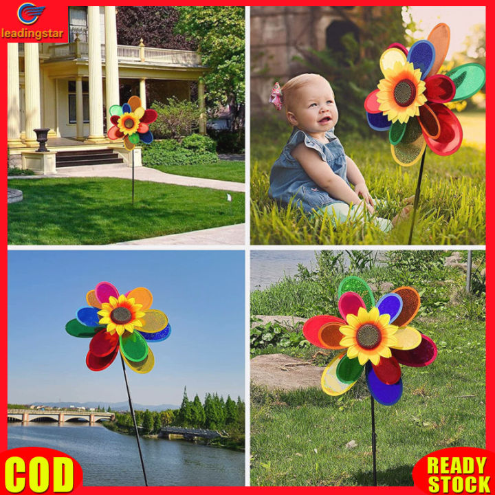 leadingstar-rc-authentic-double-layer-sunflower-shape-windmill-garden-park-outdoor-decoration-layout-pinwheels-colorful-sequin-windmill-for-party-garden